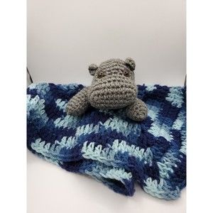 Hippopotamus Handmade Crochet Baby Security Blanket Blue Black White Cute Animal